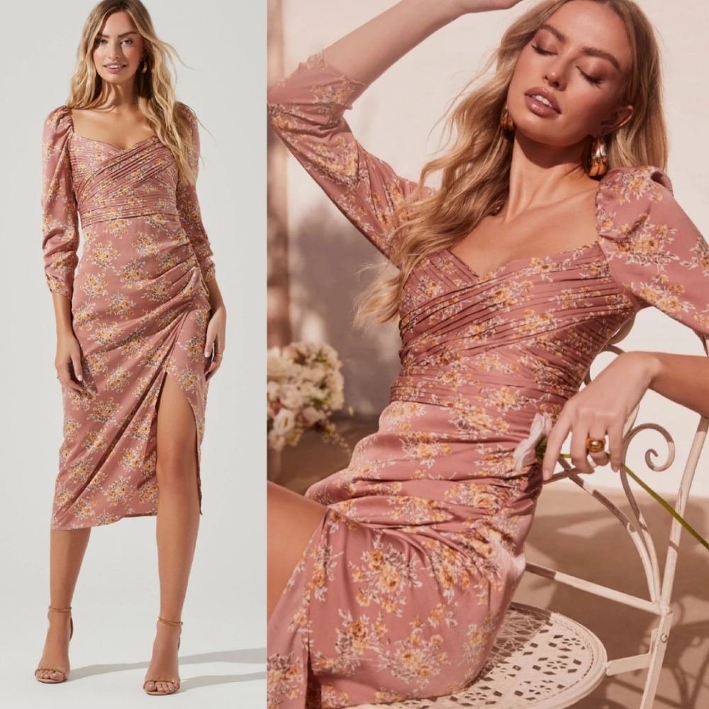 ASTR The Label Evana Floral Half Sleeve Midi Dress Pink Large